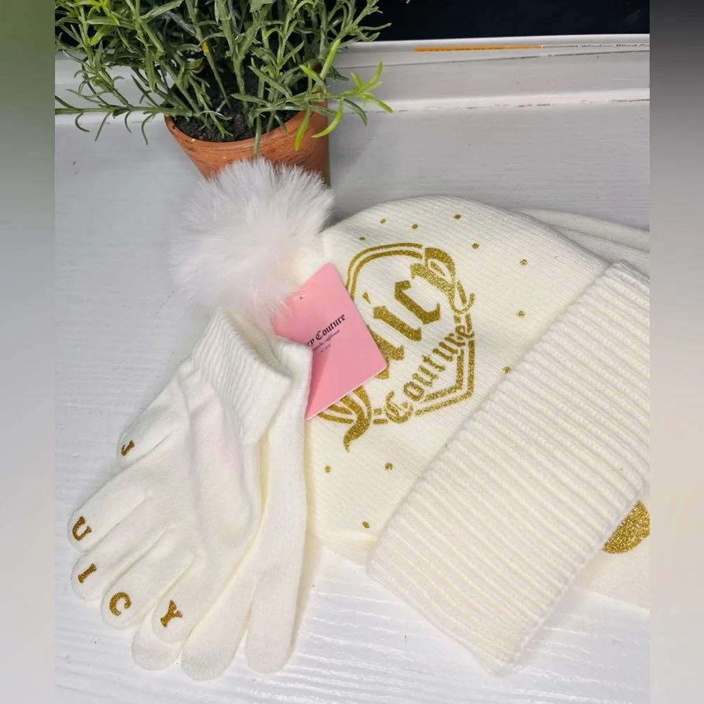 Juicy Couture Kids Knit Beanie Scarf Gloves Set Metallic Hearts NWT